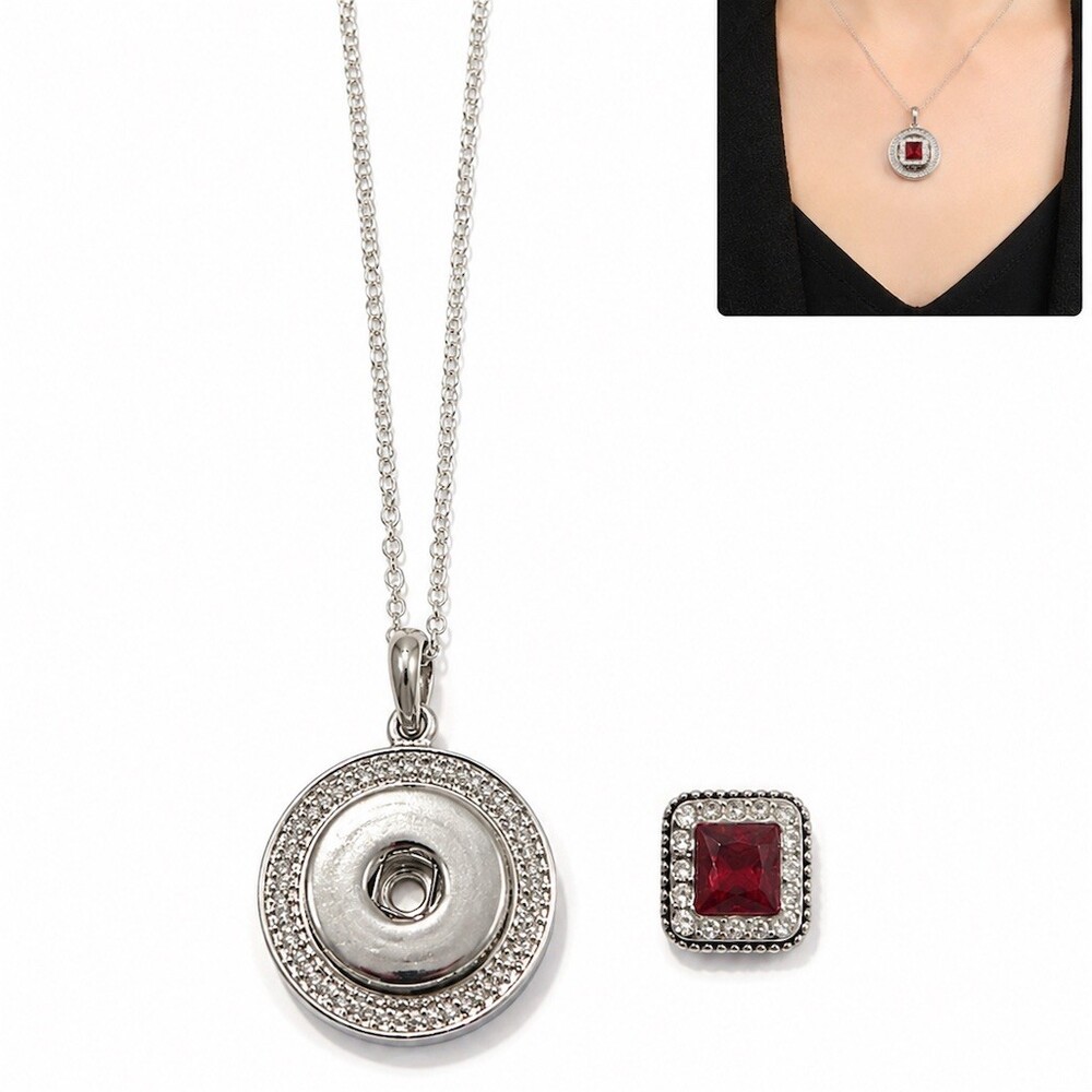 Snap Charm Pendant Necklace Rhinestone Halo Red Square Snap